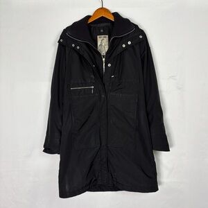 Post Card Long Coat‎ Hooded Black Button Up Layered Size 6 Romania
